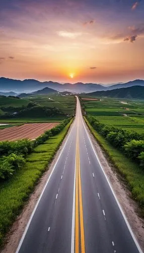 arafed view of a road with a sunset in the background, korean countryside, dusk sunset in background, in the evening, sunset in the distance, sunset in background, going forward to the sunset, night s