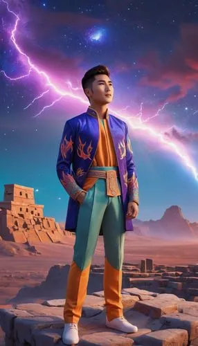 portrait shot man vivid quirky high fashion lightning portrait illusory landscape firey sunset range of colors standing on the edge of ancient ruins at earthrise starry skies before heaven astral phot