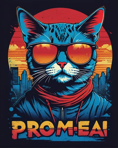 Vector t shirt design Vintage retro sunset distressed red and blue style design, a cute cat wearing sunglasses, with text PROMEAI, typography, graffiti, 3d render, 4k, vibrant,cat on a blue background