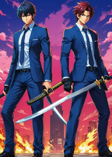 swordsmen,business men,swords,lancers,sword fighting,suits,businessmen,stand models,kings,dragon slayers,fighting poses,smouldering torches,business icons,my hero academia,red and blue,knights,phoenix,fighting stance,navy suit,chollo hunter x,Illustration,Japanese style,Japanese Style 03