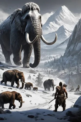 elephants and mammoths,mammoth,prehistoric art,prehistory,buffalo herd,animals hunting,stone age,winter animals,ice bears,trophy hunting,uintatherium,primeval times,mammals,buffalo herder,grizzlies,prehistoric,elephant herd,hunting scene,northrend,cartoon elephants,Illustration,Black and White,Black and White 30