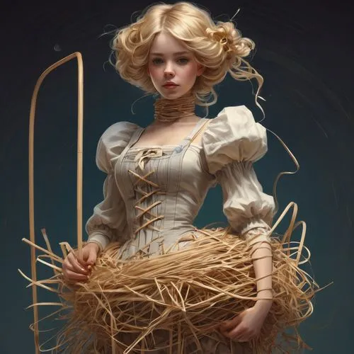 straw doll,woman of straw,fantasy portrait,marionette,eglantine,bird nest,straw flower,bird's nest,rapunzel,transistor,the witch,victorian lady,zodiac sign libra,golden haired,golden wreath,straw man,golden crown,string puppet,female doll,scarecrow,Conceptual Art,Fantasy,Fantasy 01