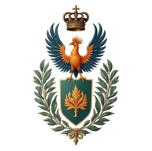 Un phénix sur une tour mais inséré dans un blason impérial entouré de branches de Laurier et d'Olivier. Intérieur du bouclier vert impérial. ,a coat of arms and two crown on it,escudo,aeronautica,insi