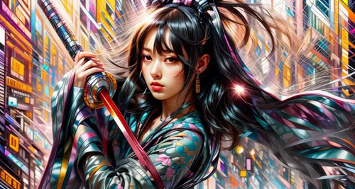 beautiful girls with katana,swordswoman,anime 3d,geisha girl,katana,girl with gun,japanese art,samurai,geisha,girl with a gun,samurai fighter,anime japanese clothing,samurai sword,oriental girl,archery,amano,anime,mikado,digiart,anime girl