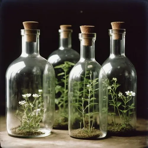 Four clear glass bottles of various sizes with sealed stoppers are neatly aligned. Each bottle contains botanical specimens—plants and flowers preserved in a clear liquid. Labeling on the bottles seem