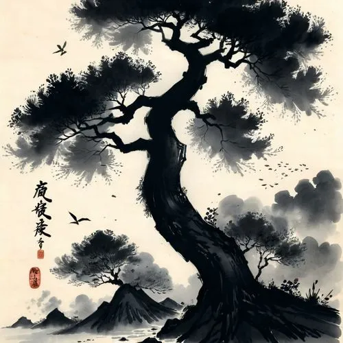 the japanese tree,baishi,oriental painting,japanese art,pangu,wenhao,mengzi,wenzhao,wudang,yiping,shunju,huijin,zhuangzi,wufeng,rongfeng,taoism,taoist,maoyuan,lonetree,cool woodblock images,Illustration,Paper based,Paper Based 30