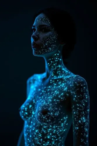 neon body painting,cortana,bioluminescent,hologram,bioluminescence,luminol,Illustration,Realistic Fantasy,Realistic Fantasy 28