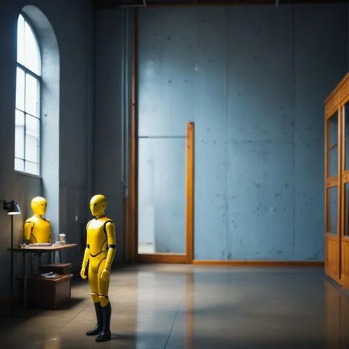 create a yellow, jointed crash test dummy in a high-ceilinged room with a long opening with no street view, the dummy is standing still while looking at its reflection in the mirror,two mannequins dre