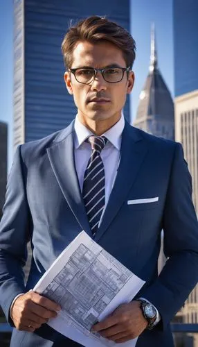 Mature man, 30s, architecture master degree, confident posture, black framed glasses, short brown hair, clean shaven, white dress shirt, dark blue suit, silver watch, holding a blueprint, standing in 