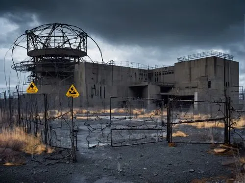 Futuristic nuclear waste facility, brutalist architecture, abandoned, rusted metal walls, barbed wire fences, warning signs, hazard symbols, eerie glow of radioactive materials, dark clouds gathering 