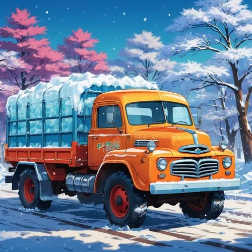 A 1950s truck vehicle prepared for snow and ice situations.,an orange dump truck driving on the snowy road,christmas truck,christmas truck with tree,christmas pick up truck,snowplow,mail truck,snow pl