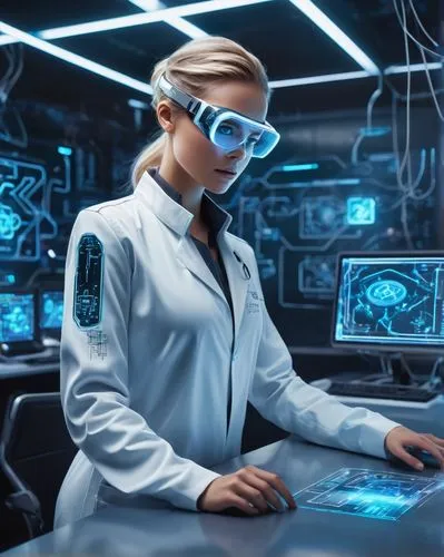 cyber glasses,sci fi surgery room,women in technology,female doctor,medical technology,futuristic,wearables,ship doctor,technology of the future,electronic medical record,science-fiction,cybernetics,virtual reality headset,neon human resources,science fiction,sci fiction illustration,female nurse,cyber,tech trends,vr headset,Unique,Design,Character Design