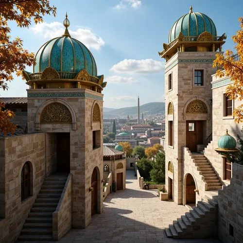 Majestic Byzantine watching towers, ornate stone carvings, golden domes, intricate mosaics, vibrant turquoise accents, weathered copper roofs, grand archways, imposing fortifications, mystical lantern