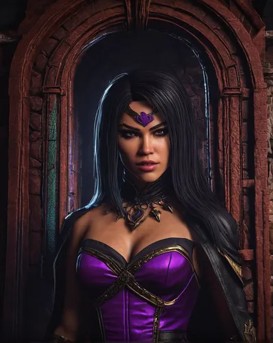 Craft a suspenseful story in which MK9 Mileena discovers a hidden secret within the depths of a haunted mansion.,sorceress,dark elf,violet head elf,huntress,fantasy portrait,gothic portrait,raven,port