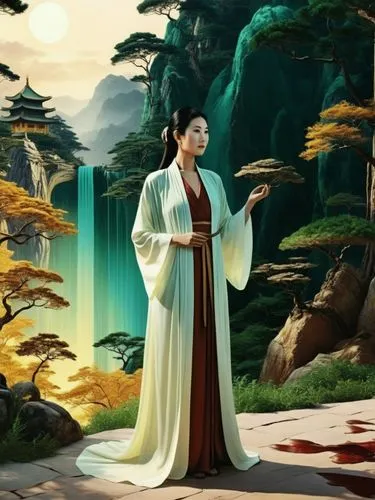 In a surreal landscape, a woman dressed in a white robe stand tall, holding a gold lacquer in her hand. The painting depicts a serene forest filled with green plants and lush greenery, that contrasts 