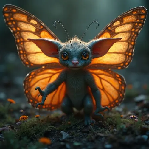 crossover between butterfly and gremlin,a tiny orange and black insect with large wings on its body,inotera,butterfly isolated,faery,faerie,mothra,orange butterfly,Photography,General,Fantasy