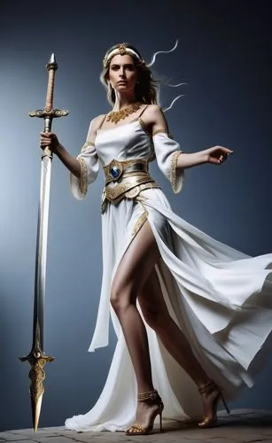 a woman with white clothing holding a sword,sandahl,jaina,sophitia,lady justice,sigyn,etheria,Photography,General,Fantasy