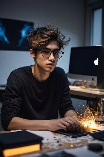 Web developer, coding, solo, (25yo), stylish glasses, messy brown hair, casual wear, black t-shirt, ripped jeans, sneakers, MacBook, multiple monitors, coding software, coffee cup, snack box, messy de