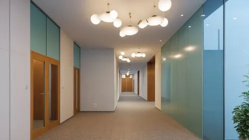 a light hanging over an empty office corridor,hallway space,hallway,corridor,corridors,associati,daylighting,foyer,hallways,concrete ceiling,hall,halogen spotlights,ceiling lighting,breezeway,assay of