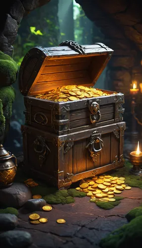 fantasy treasure chest, glowing items, ancient artifacts, sparkling gems, enchanted weapons, mystical scrolls, rare potions, golden coins, medieval setting, dungeon interior, moss-covered stones, torc