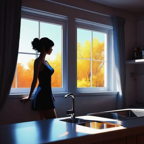 girl in the kitchen,morning light,kitchen,woman silhouette,house silhouette,autumn light,one autumn afternoon,housework,windowsill,kitchen counter,kitchen interior,autumn morning,backlighting,kitchens,the kitchen,backlight,scene lighting,skylight,housemaid,kitchenette,Conceptual Art,Fantasy,Fantasy 19