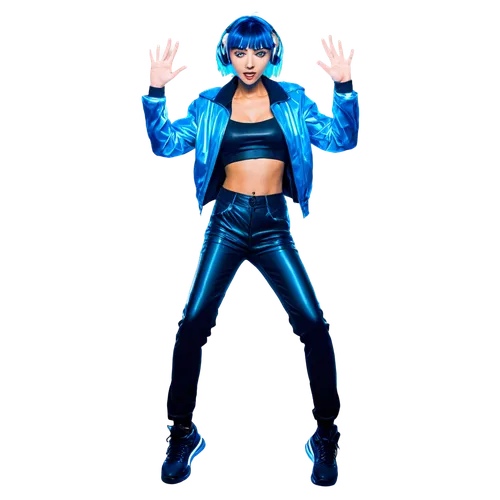 Neon lights, futuristic setting, DJ console, sound wave visualization, vibrant glowing colors, electric blue hair, cyberpunk outfit, metallic jacket, leather pants, sleek sneakers, dynamic pose, hands