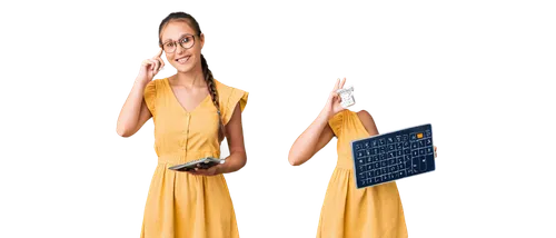 Mathematical symbols, formulas on blackboard, chalk in hand, girl with glasses, ponytail hair, yellow sundress, holding calculator, sitting at desk, soft lighting, shallow depth of field, 3/4 composit