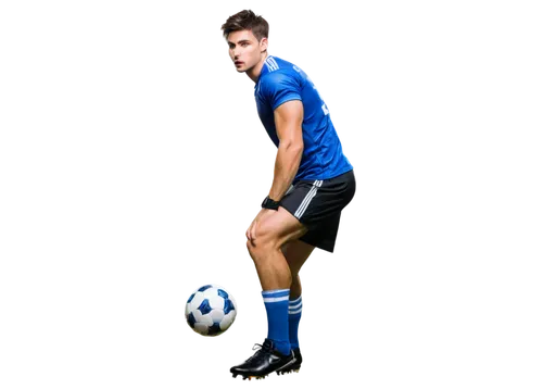 Muscular man, athletic build, dynamic pose, shiny sweat, sports jersey, soccer shorts, white socks, black cleats, ball at feet, intense facial expression, strong jawline, short messy hair, bright stad