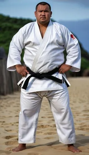 raw photo, burly chubby guy, Tongan, 38 years old, round face, fat, wet skin, painful face, black skin,  Judo athlete, wearing Judo gi, full body shot, hands on waist, body hair on chest,judo,battōjut