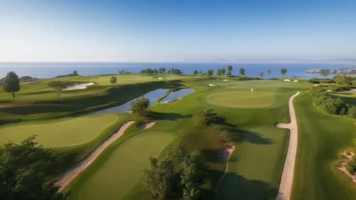 golf course realistic design 
,an overview view from above of a golf course near the ocean,thracian cliffs,indian canyons golf resort,the shoals course,golf landscape,golf resort,montgomerie,Photograp