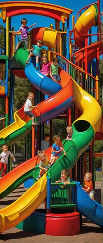 Write a cheerful scene of children playing in a brightly colored playground.,outdoor play equipment,playground slide,children's playground,play area,play tower,adventure playground,play yard,white wat