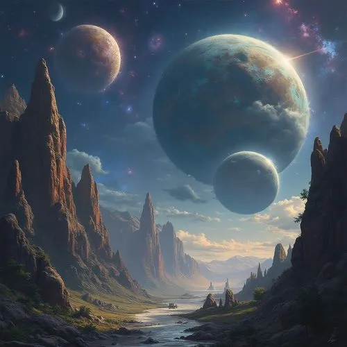 fantasy landscape,lunar landscape,fantasy picture,valley of the moon,alien planet,moon valley,Illustration,Realistic Fantasy,Realistic Fantasy 02