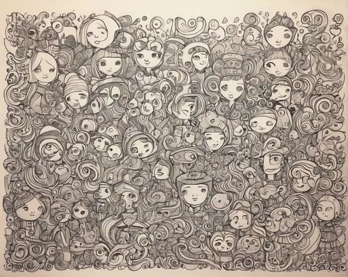 swarm,proliferation,a flock of sheep,flock of sheep,crowded,faces,sheet drawing,wall of tears,post-it note,flock of birds,chorus,little people,line art wreath,skulls,a sheet of paper,tiny people,scrap paper,swarms,vines,elephant herd,Illustration,Abstract Fantasy,Abstract Fantasy 07