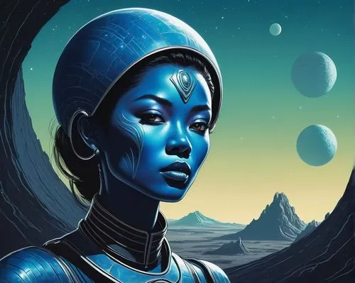 binti,afrofuturism,liara,asari,andromeda,satari,teferi,inanna,nefertiti,seti,korana,neptunian,sci fiction illustration,zora,kemet,konia,emshwiller,avatar,idara,andorian,Conceptual Art,Sci-Fi,Sci-Fi 20