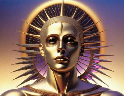 a woman's face with spikes in her hair,goldtron,golden mask,goldsun,gold mask,tutankhamun,tretchikoff,Illustration,Realistic Fantasy,Realistic Fantasy 33