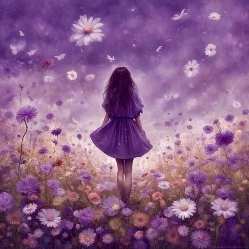 girl in flowers,field of flowers,sea of flowers,violet flowers,la violetta,the lavender flower,purple daisy,violette,violetta,meadow in pastel,flower background,lavender,flower painting,purple landscape,violet colour,petals purple,lavender field,girl picking flowers,lavender flowers,violet