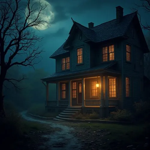 Create the perfect haunted atmosphere with AI-assisted sound effects and lighting control, adding an extra layer of fright to your haunted house.,haunted house on Halloween night  ,lonely house,creepy