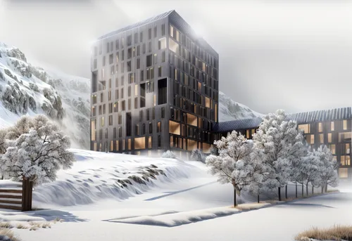 ski resort,snowhotel,borås,snow house,trondheim,ski facility,winter house,3d rendering,cubic house,snow scene,espoo,appartment building,ski station,eco hotel,timber house,cube stilt houses,scandinavian style,eco-construction,winter village,new housing development