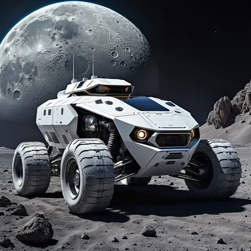 A futuristic vehicle to explore the Moon.,this is a large white car on a rock,moon rover,moon vehicle,moon car,turover,mars rover,lunar prospector,adrover,moon base alpha-1,lunokhod,moonbase,mission t