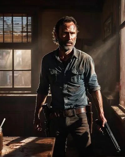 Rick Grimes holding a gun standing in the corner of cafe with minimal lighting, only light coming in from the window, dust flying around, dramatic lighting, surrounded by zombies,lumbago,merle,logan,r