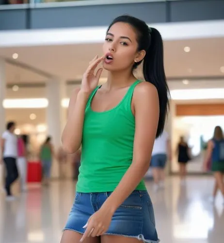 The beautiful Moroccan girl with the black hair in a ponytail is shopping in the mall.  She wears a green tank top and a short denim skirt.  On her feet are white sneakers.  And she blows a kiss.,ther