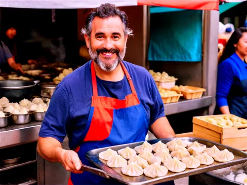 Vendor, street vendor, middle-aged man, worn-out apron, messy hair, thick beard, friendly smile, holding tray of food, steaming dumplings, savory aromas, morning market, natural light, shallow depth o