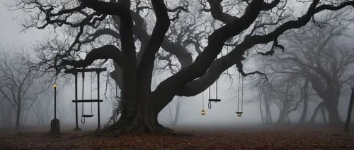 Liminal playground, dreamy atmosphere, misty fog, eerie lanterns, twisted vines, old wooden swings, rusty seesaws, abandoned slides, mysterious trees with glowing eyes, dim moonlight, soft focus, cine