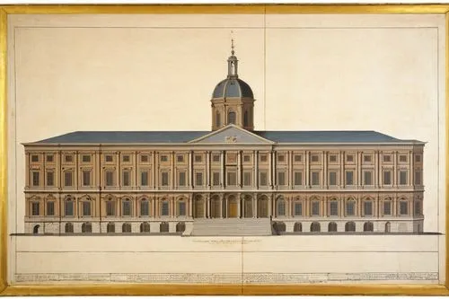 Scale model, architectural drawing, 1,a drawing of a building has a tower and a clock on top,hôtel des invalides,pinakothek,riksdag,nymphenburg,venaria,eckersberg,kongens,rijksmuseum,lipsius,lithograp