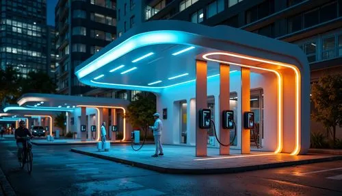 electric gas station,ev charging station,e-gas station,electroluminescent,metromover,bus shelters,neon coffee,neon sign,miami,city corner,bus stop,retro diner,ecomstation,illuminated advertising,south beach,taxi stand,petrol pump,tron,filling station,charging station