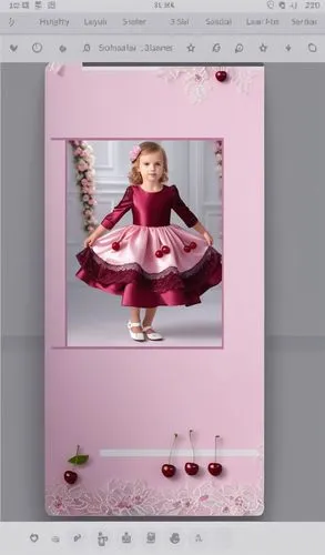 3d fashion drawing of satin dress for kids with three lace layers with burgundy . first layer is light pink with cherries drawn on it.second layer is burgundy.third layer is dark burgundy with sequin 