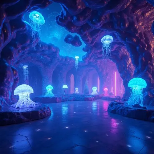 Bioluminescent nightclub, iridescent blob-like structure, undulating curves, neon-lit organic forms, glowing jellyfish-inspired chandeliers, shimmering metallic surfaces, dark blues and purples color 