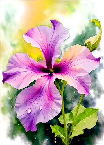 Delicate petunia flower, trumpet-shaped, pink-purple petals, yellow-green center, soft gentle curls, subtle gradient shading, morning dew droplets, delicate stem, leafy green background, 1/2 compositi