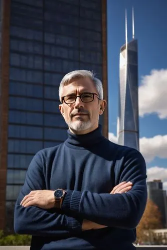 Architecture master, design expert, middle-aged man, bespectacled, short grey hair, trimmed beard, black turtleneck sweater, dark blue jeans, brown leather belt, silver watch, holding a large architec