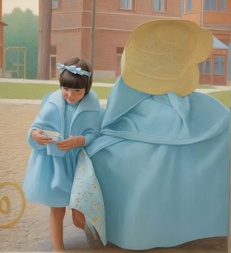 a litte girl after her kindergarten party and she has this cute look in the baby blue dress make the details as same as possible the dark hair with bangs  and smiley face  try the resemblance as possi